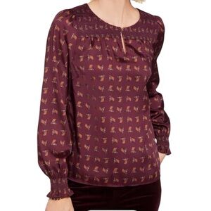 Talbots charming horse smocked top Equestrian Burgundy Boho Chic Size L NWT